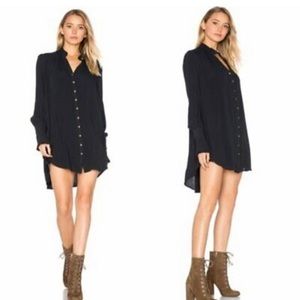 Free People Lieutenant Shirt Dress Large Navy Blue Long Sleeve Ruffle Neck